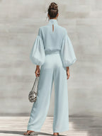 Chiffon Stand-up Collar Puff Sleeve High-waisted Draped Wide-leg Pants Two-piece Set