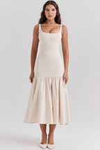 Sleeveless Scoop Neck Princess Seam Dropped Waist Gathered Flounce Midi Dress