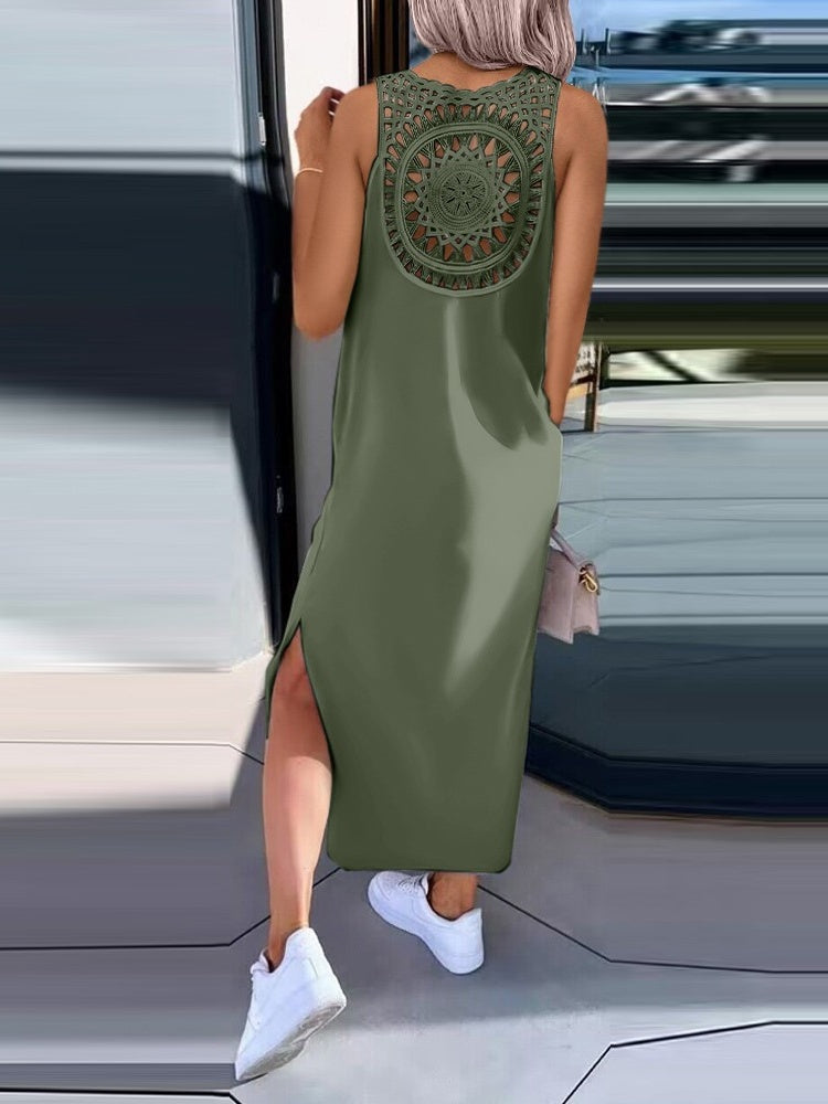 Simple Solid Color Sleeveless Long Dress With Openwork Floral Pattern On The Back