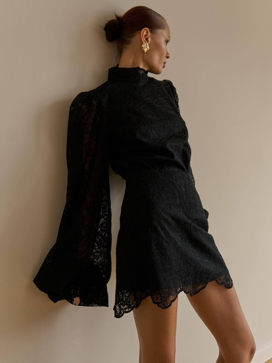 Lantern Sleeve High Neck Lace Two-piece Set