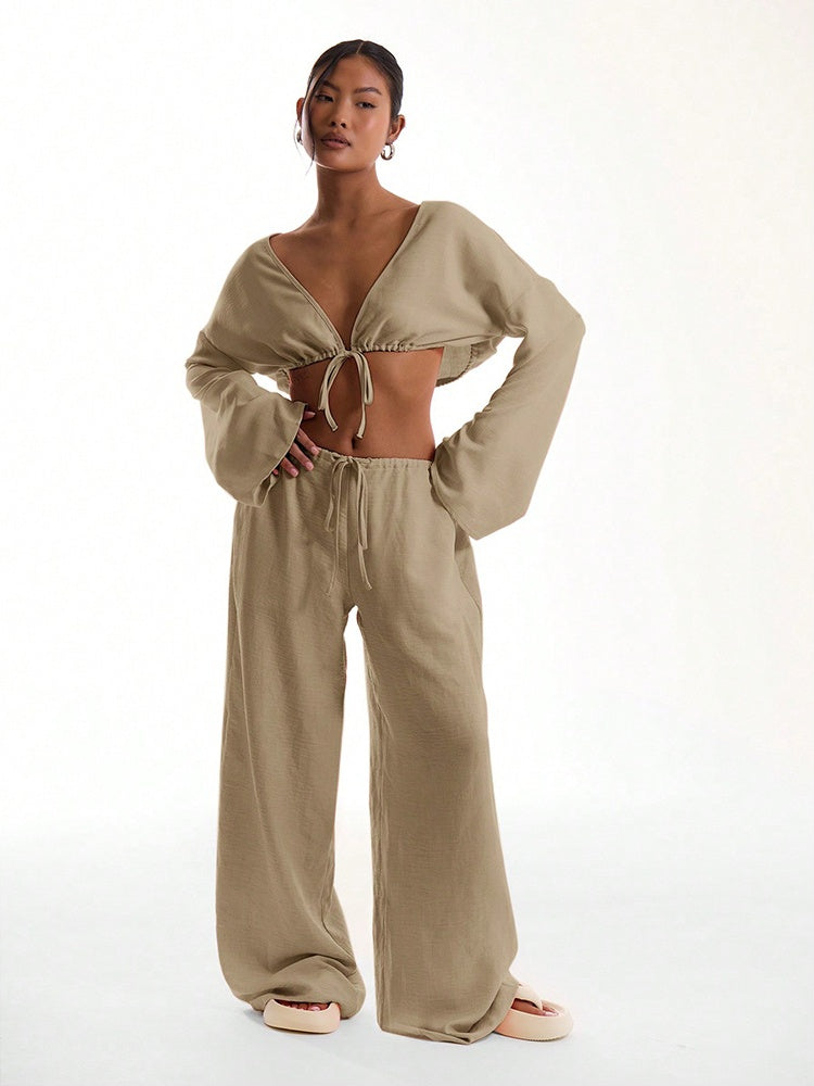Solid Color Loose-fitting Drawstring Trousers