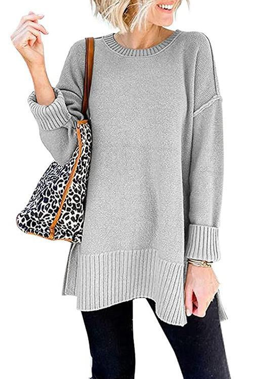 Side Split Ribbed Trim Loose Mid Sweater