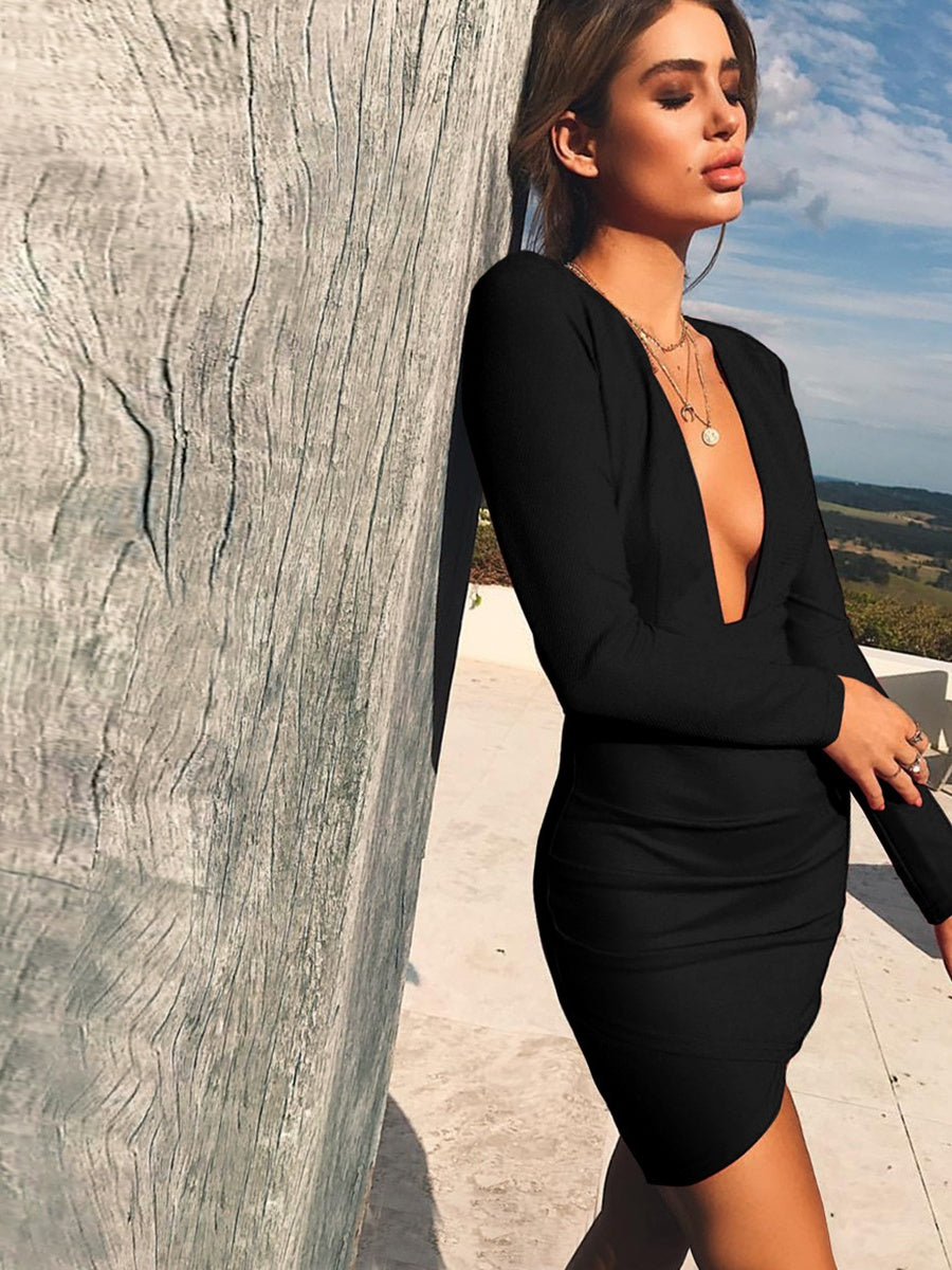 Sexy Long-sleeved Deep V-neck Backless Short Dress