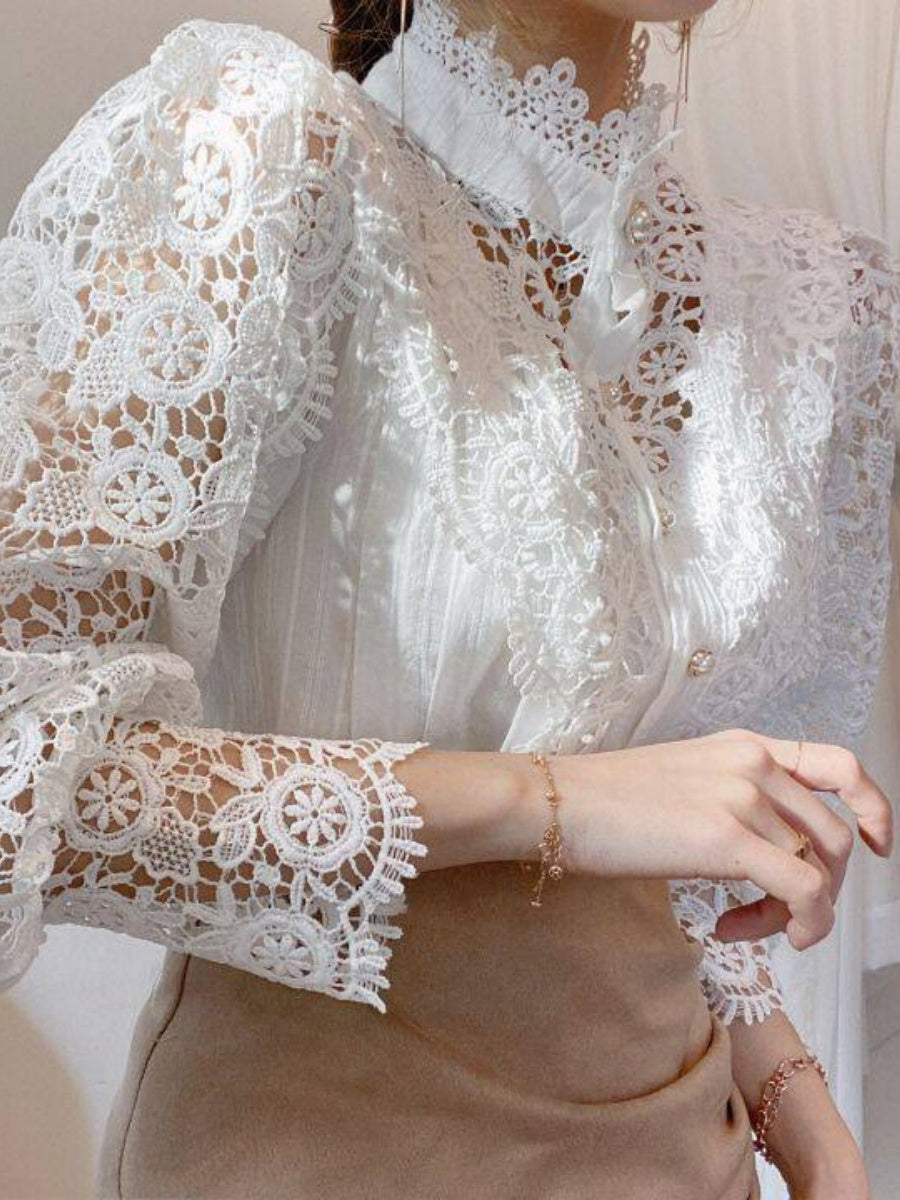 Button-up Lace Openwork Floral Patchwork Shirt