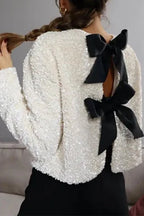 Long Sleeves Bow Knot Glitter Sequin Top
