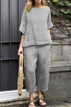 Half Sleeves Casual Pullover Top Wide Leg Pants Set