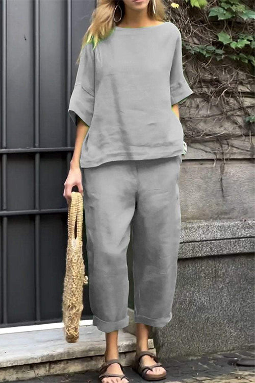 Half Sleeves Casual Pullover Top Wide Leg Pants Set