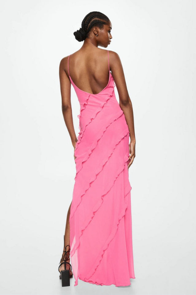 Spaghetti Strap V-Neck Tiered Ruffle High Slit Maxi Dress