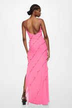 Spaghetti Strap V-Neck Tiered Ruffle High Slit Maxi Dress
