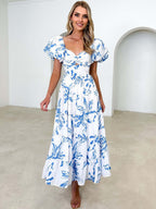 Printed Puff Sleeve Sweetheart Collar Vacation Maxi Dresses