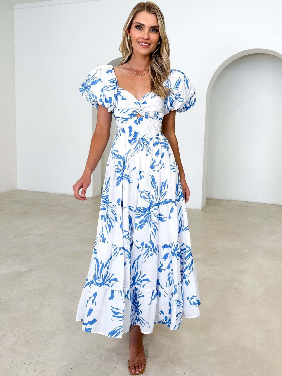 Printed Puff Sleeve Sweetheart Collar Vacation Maxi Dresses