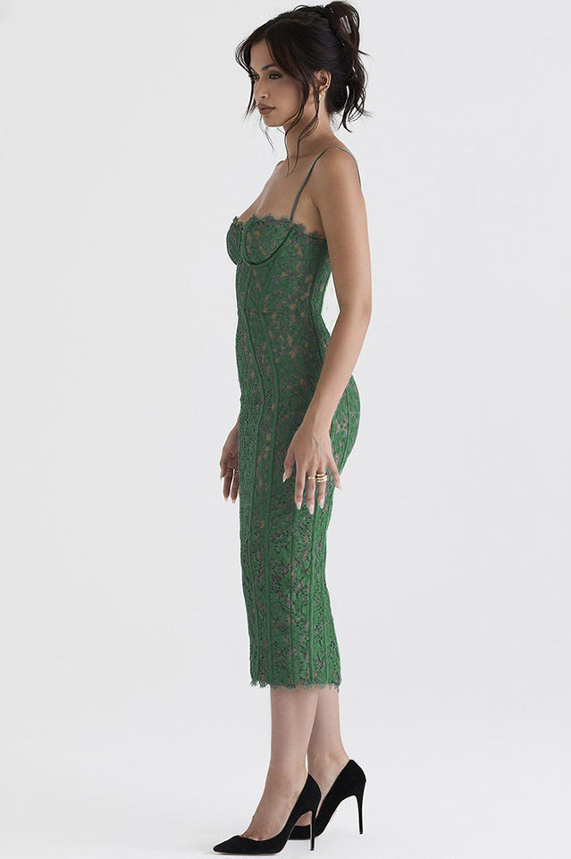 Floral Lace Underwire Corset Spaghetti Strap Paneled Seam Midi Dress