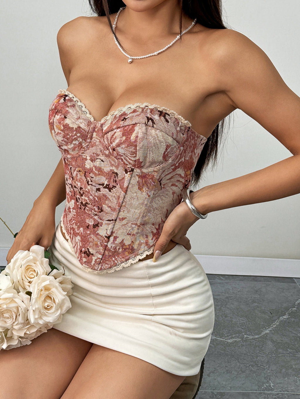 Floral Print Strapless Lace Tethered Fish Bones Strapless Bra