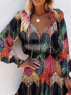 Long-sleeved V-neck Fashion Print Fitted Waist Short Dress