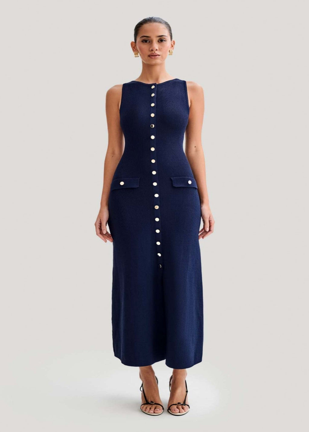 Rib Knit Sleeveless Button Front Flap Pocket Midi Dress