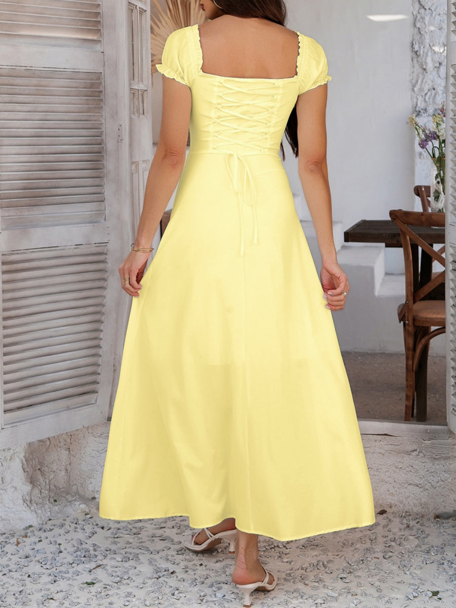 Tie-waist Ruched Puff Sleeve Long Dress