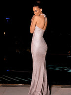 Halter Fine Flash V-neck Slit Parties Maxi Dresses