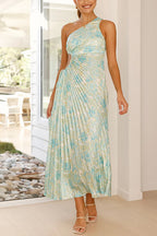 One Shoulder Drawstring Cut Out Pleated Floral Maxi Dress