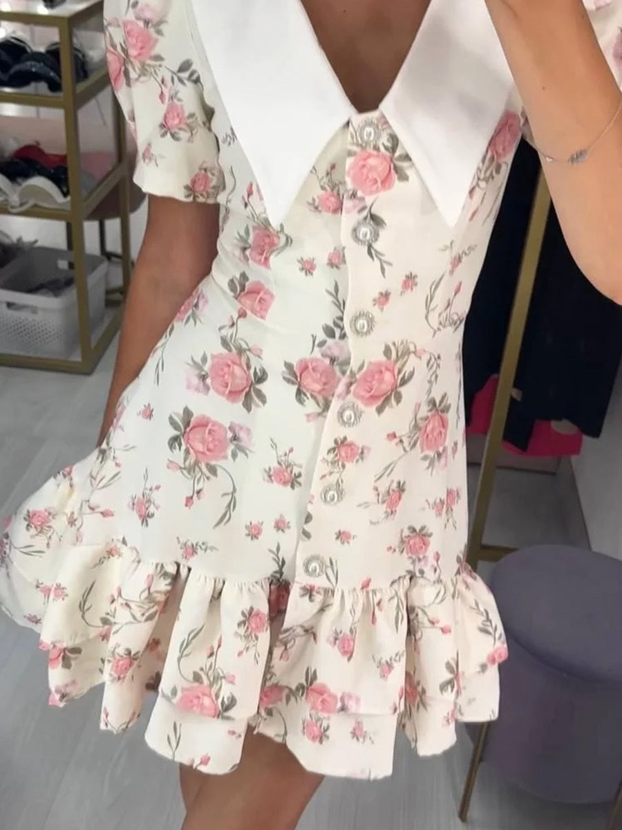 Waist Printed Floral Lapel Puff Sleeve Sweet Mini&Short Dresses