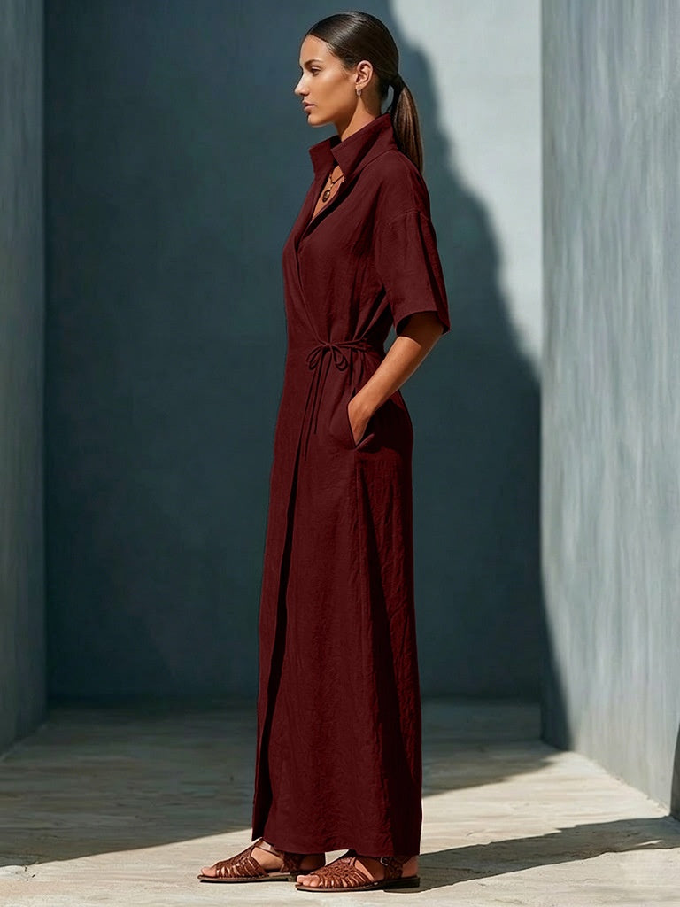 Casual V-neck Short-sleeved Tie-waist Solid Color Maxi Dresses