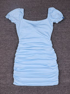 Hollow-out Pleated Puff Sleeve Bodycon Mini Dress