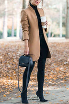Ellen Stand Collar Open Front Pockets Coat