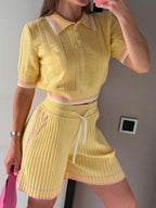 Academic Style Lapel Ice Silk Short Cardigan Color-blocked Drawstring Shorts Set 2-piece Sets
