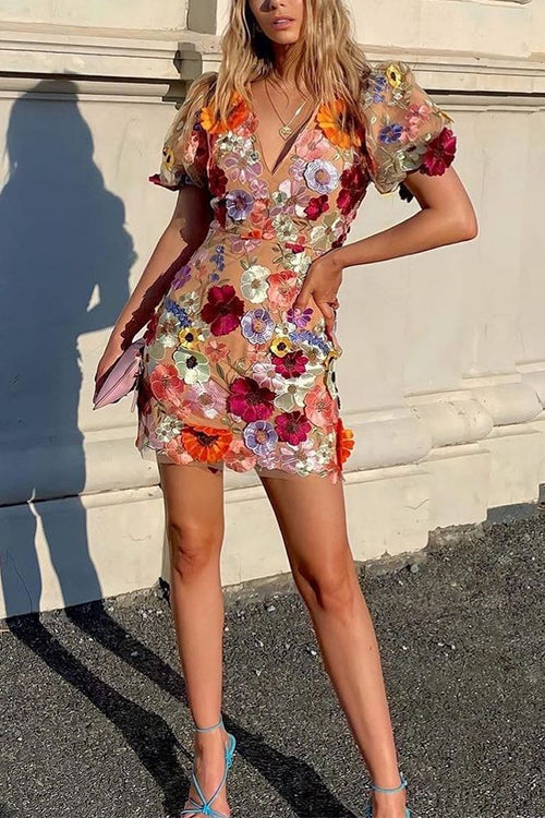 V Neck Puff Sleeves Embroidered Floral Mini Dress