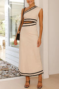 One Shoulder Cut Out Waist Ric Rac Color Block Maxi Dress