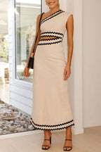 One Shoulder Cut Out Waist Ric Rac Color Block Maxi Dress