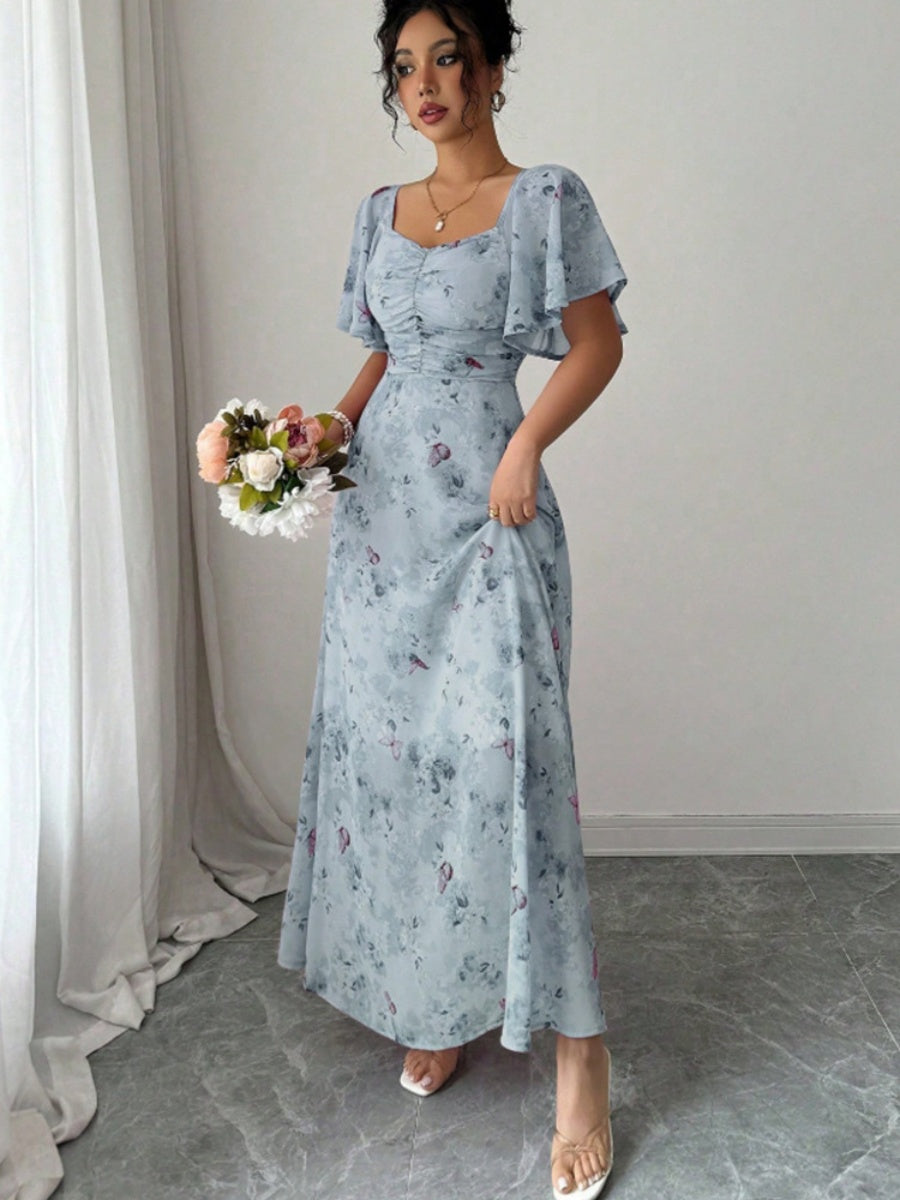 Floral Lotus Leaf Sleeves Sweetheart Collar Vacation And Leisure Maxi Dresses