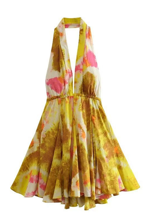 Deep V Neck Halter Backless Printed Mini Vacation Dress