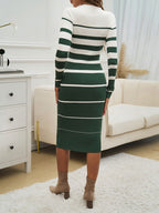 Striped Color-blocked Long-sleeved Bodycon Sweater Midi Dress