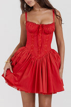 Lace Trim Corset Tie Front Bustier Gathered Skirt Mini Dress