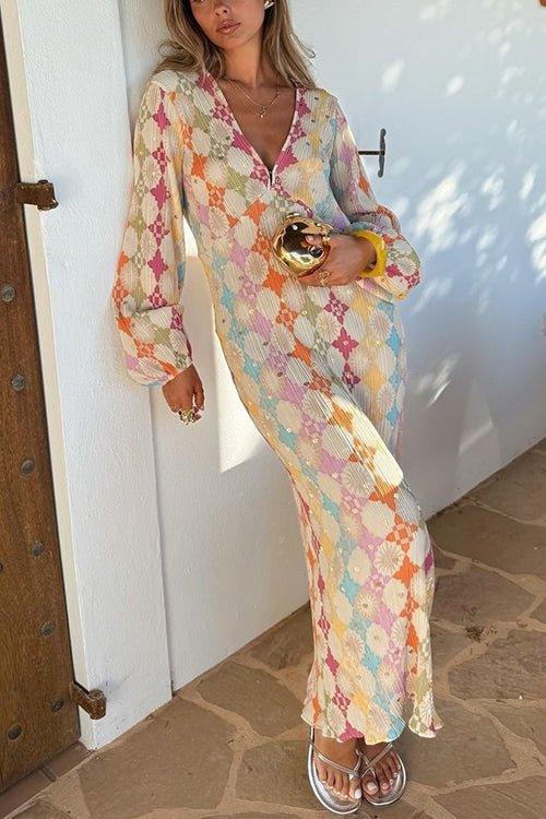 | V-Neck Lantern Sleeves Geometric Print Maxi Dress
