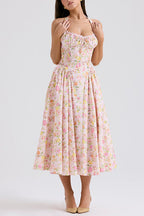 Halter Tie Front Waisted Floral Print Midi Dress