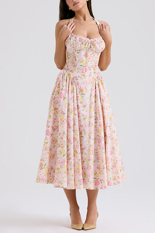 Halter Tie Front Waisted Floral Print Midi Dress