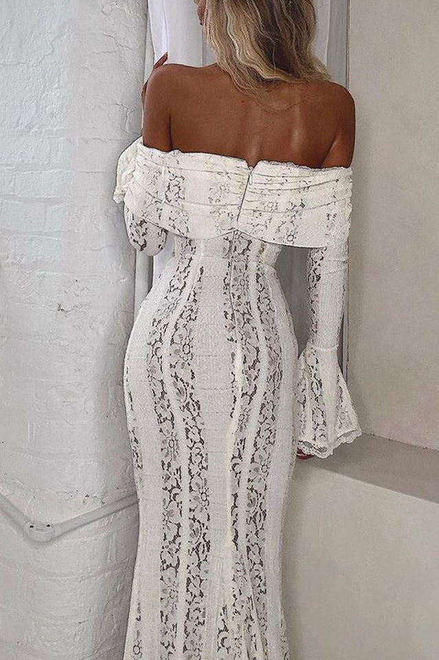 Off Shoulder Lace-Up Front Floral Lace Bell Sleeve Mermaid Maxi Dress