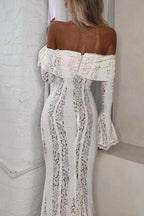 Off Shoulder Lace-Up Front Floral Lace Bell Sleeve Mermaid Maxi Dress