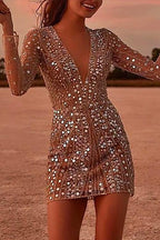 Deep V Neck Mesh Sleeve Mini Sequin Club Dress
