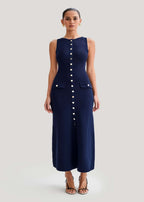 Crew Neck Ribbed Knit Button Front Flap Pocket Sleeveless Midi Dress