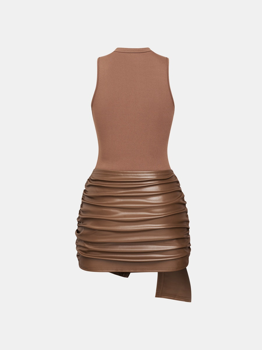 Sleeveless Mini Dress With Front Tie And PU Trim Two-piece Set