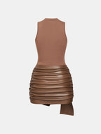 Sleeveless Mini Dress With Front Tie And PU Trim Two-piece Set