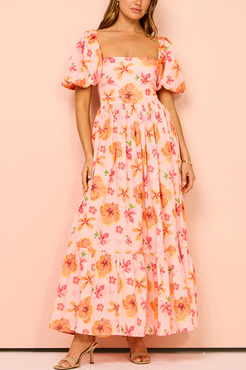 Square Neck Puff Sleeves Floral Print Ruffle Maxi Dress