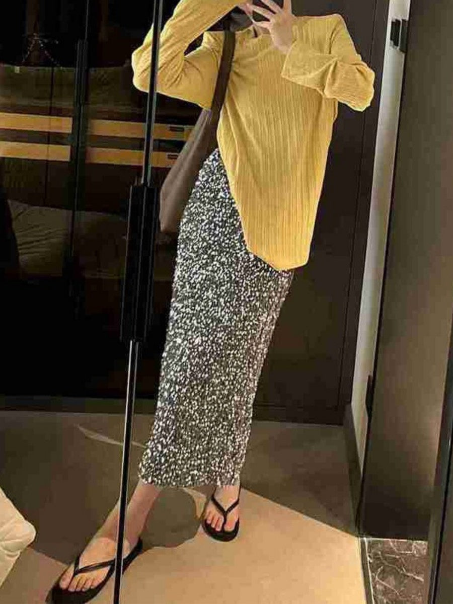 High-waisted, Slimming Sequined Midi Skirt With Elastic Waist, Back Slit, Straight Cut, Long Skirt