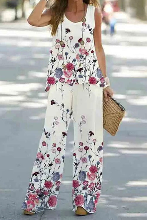 Printed Sleeveless Tank Top and Wide Leg Pants Set