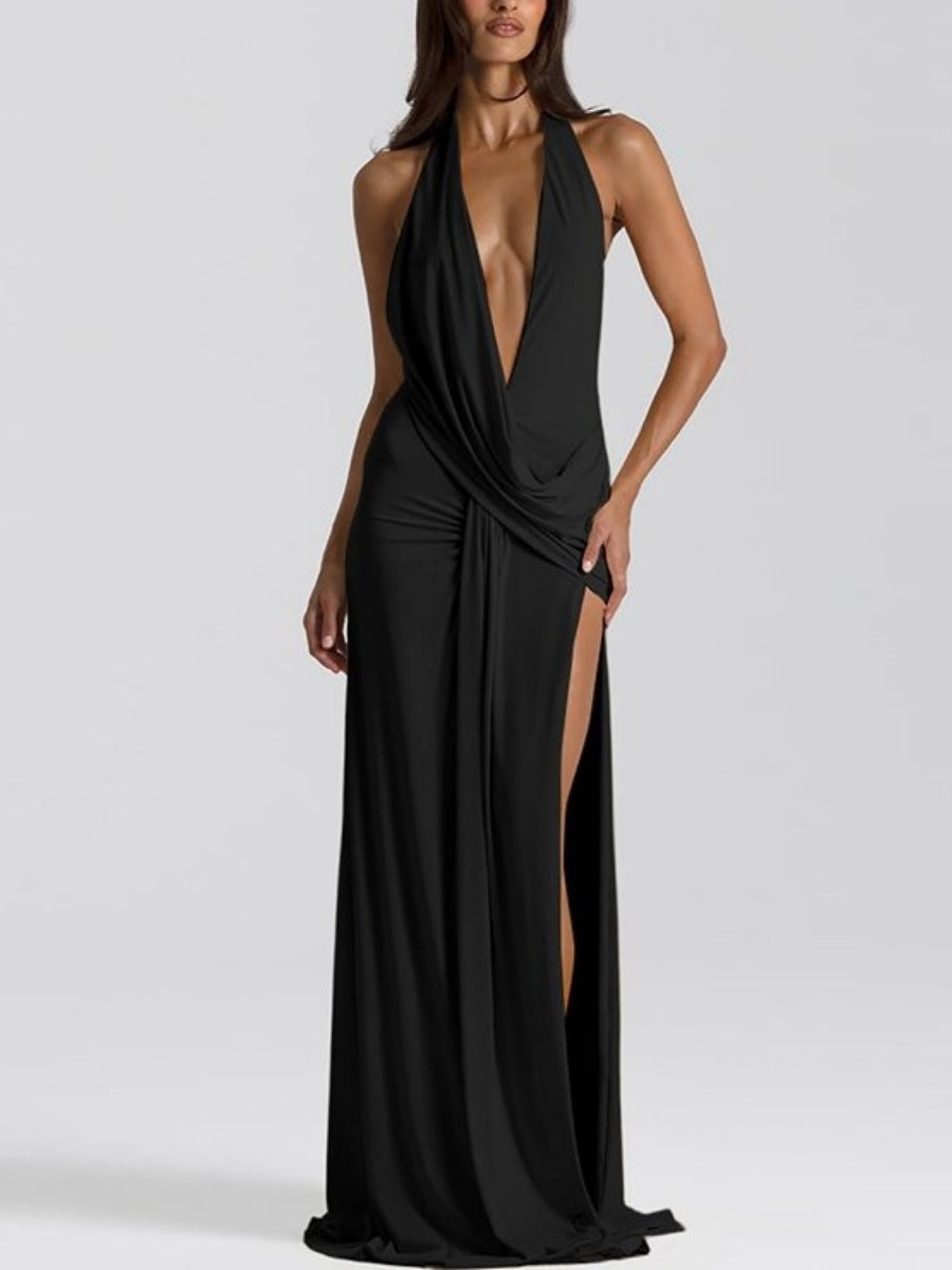 Deep V-neck Backless Gathering Slit Parties Maxi Dresses