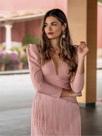 Long Sleeve Deep V Tassel Maxi Dresses