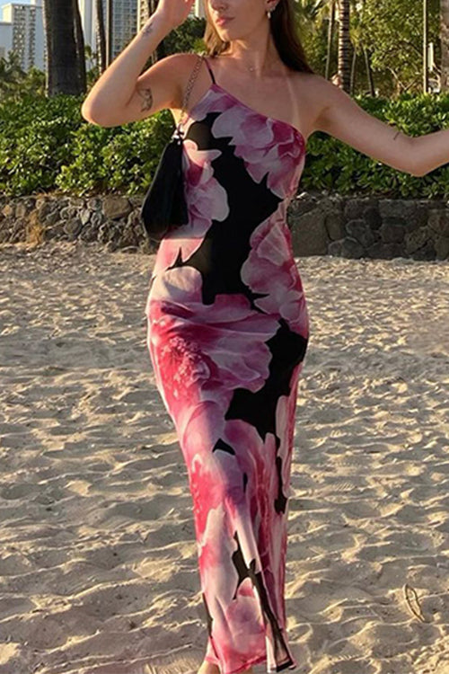 One Shoulder Cut Out Floral Print Maxi Cami Dress