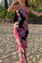 One Shoulder Cut Out Floral Print Maxi Cami Dress